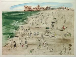 Artist Helen Frank's fine art titled “Jersey Shore” is an etching 18 in. x 24 in. The work captures summer fun at the beloved Jersey shore pre-Hurricane Sandy. Beach-goers frolic on the sand and in the sea. In the distance you can see a distorted rollercoaster, carnival rides and boardwalk. Helen Frank's etchings and original drawings, master print collection, painting oil on paper, paintings are for sale at the Westwood Art Gallery.